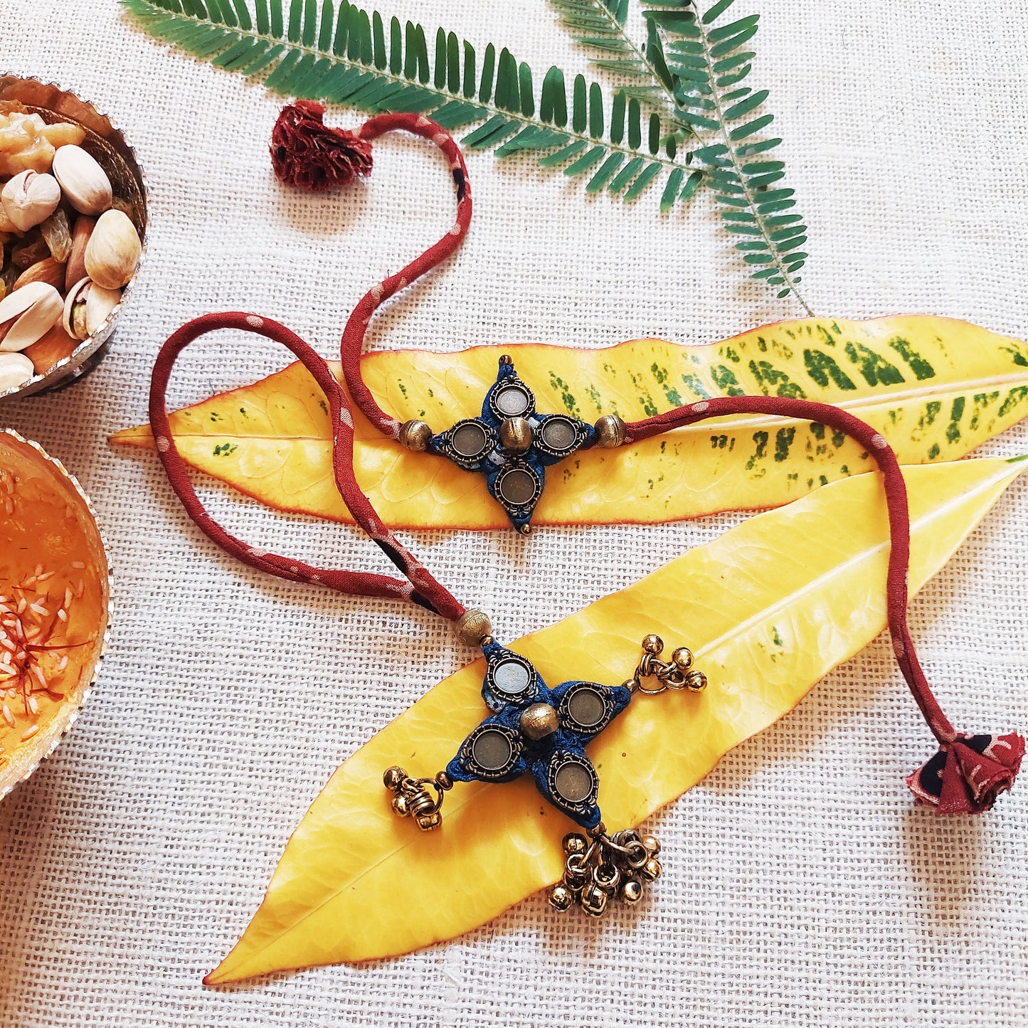 Floral Ajrakh Rakhi Lumba Set