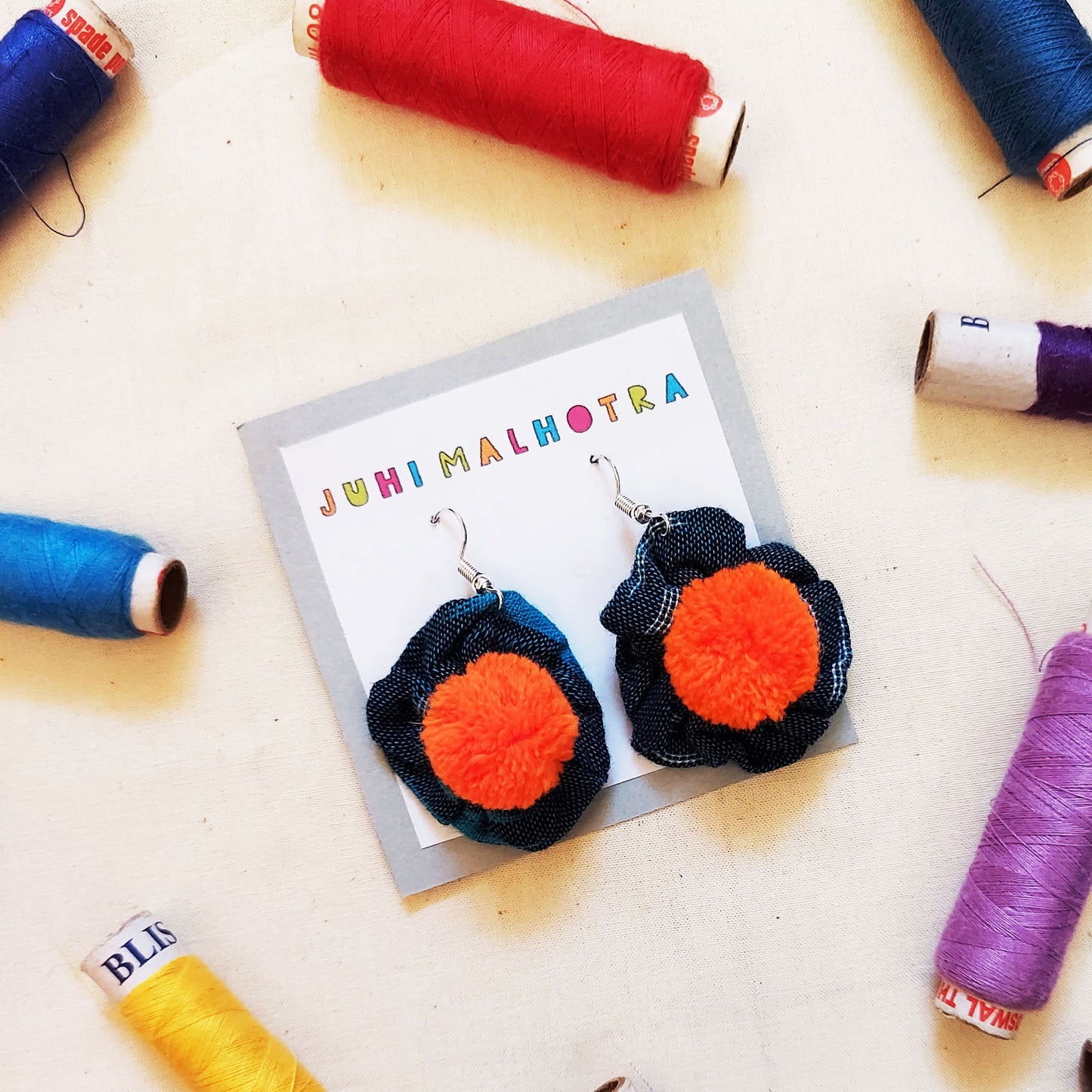 Blue Ikat Flower Earrings