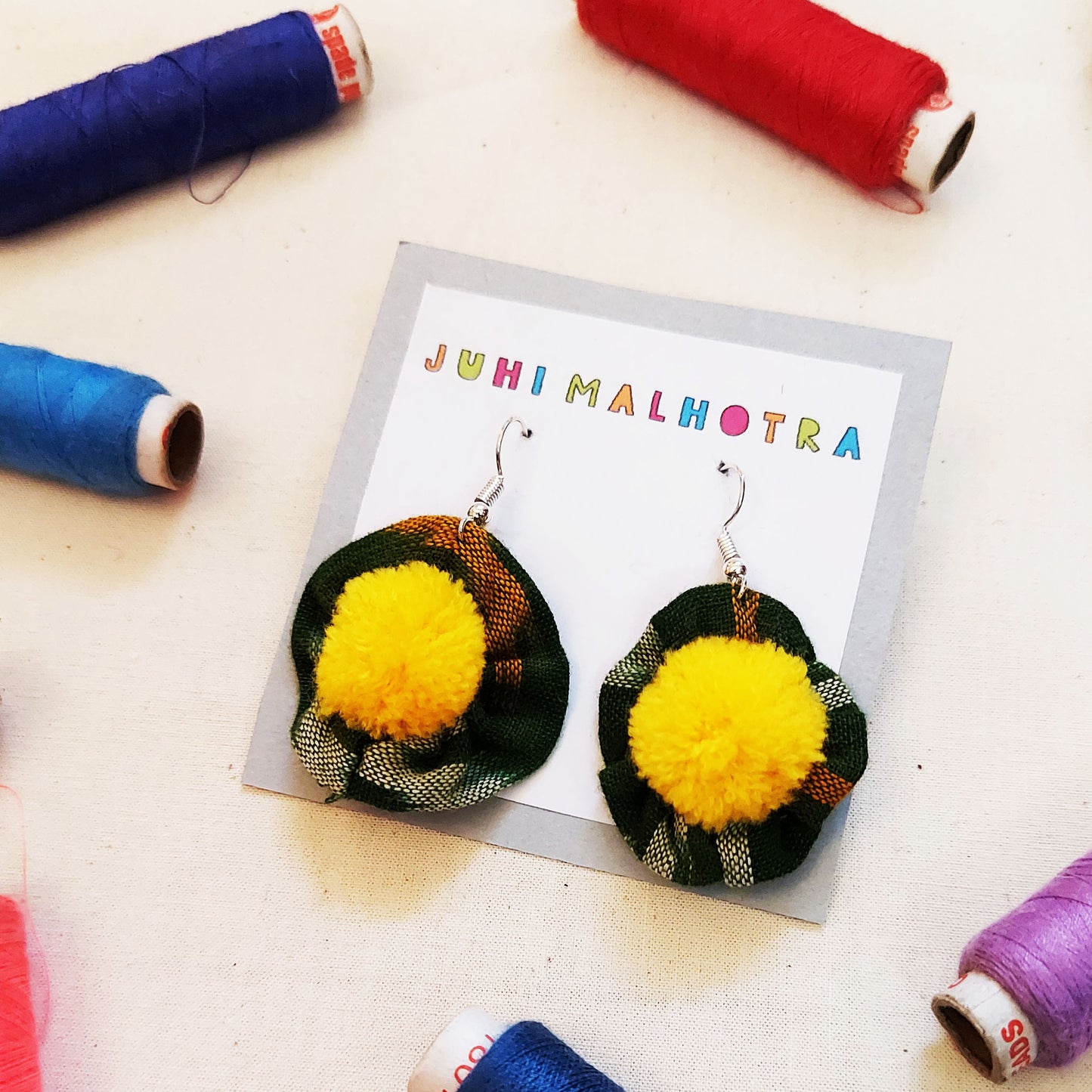 Green Ikat Flower Earrings