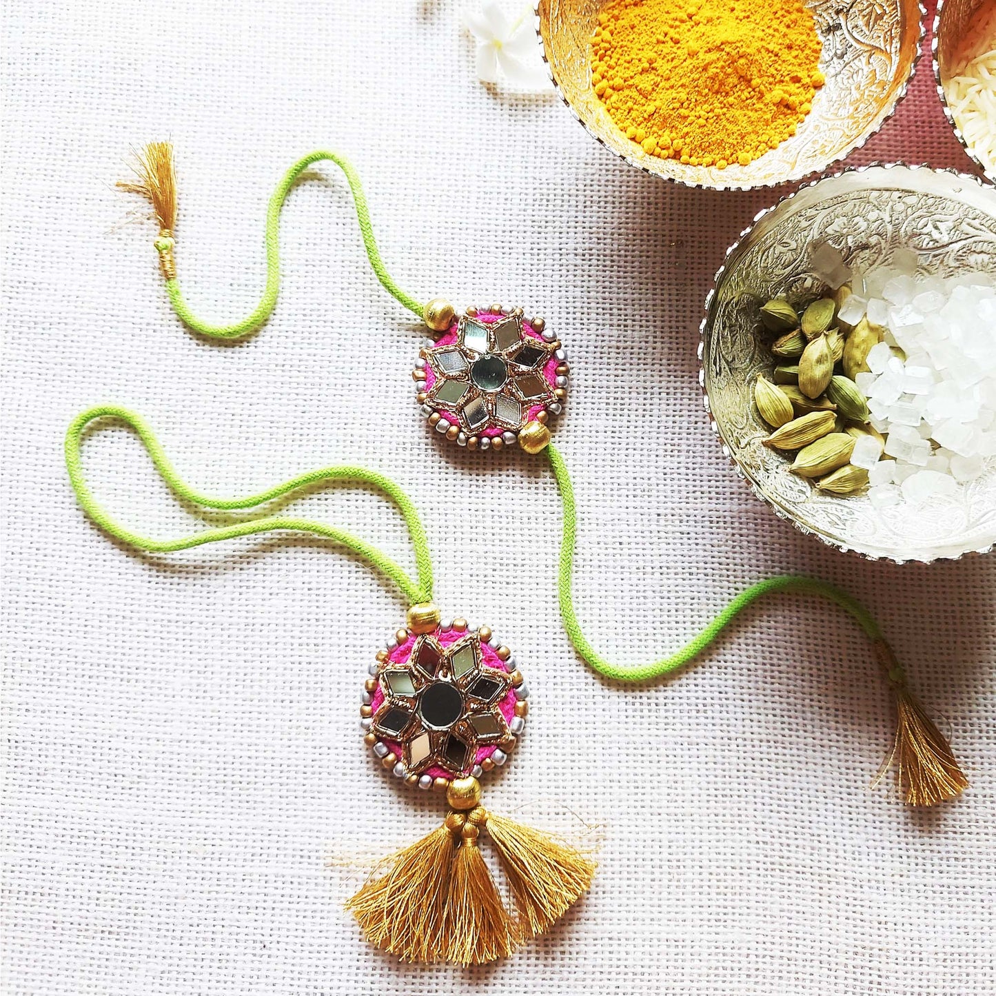 Pink and Green Sitara Rakhi Lumba set