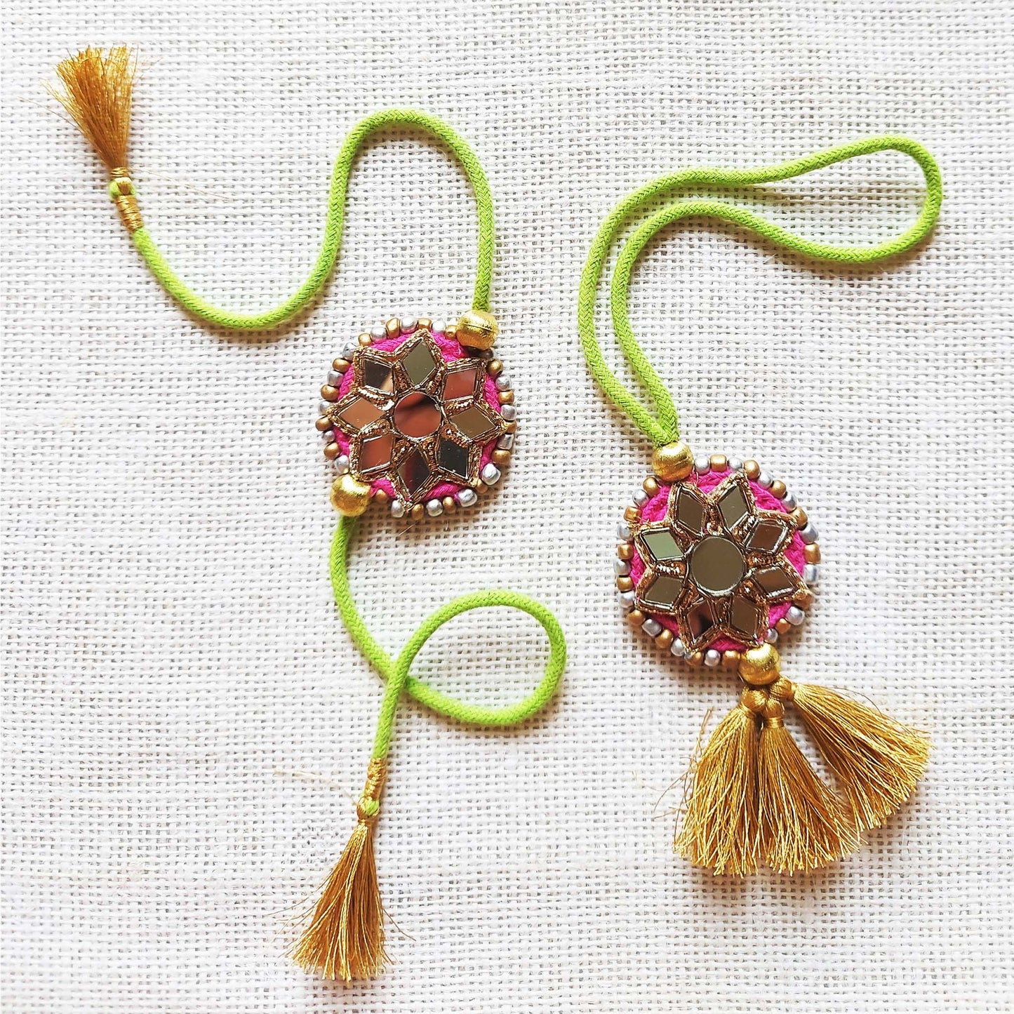 Pink and Green Sitara Rakhi Lumba set
