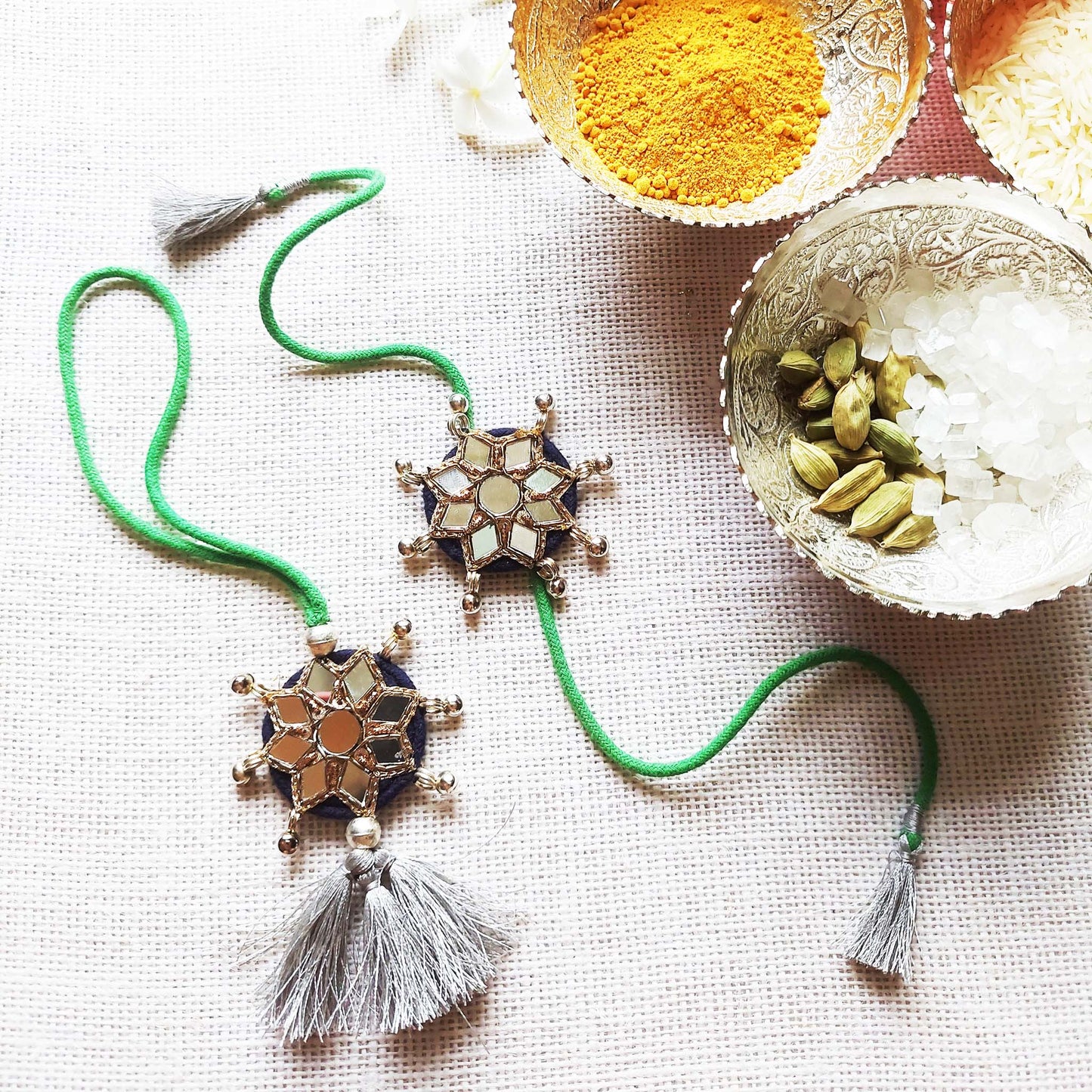 Indigo and Green Sitara Rakhi Lumba set