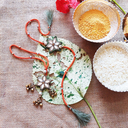 Orange and Green Sitara Rakhi Lumba set