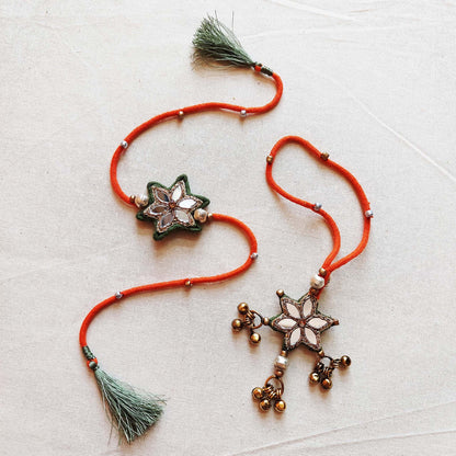 Orange and Green Sitara Rakhi Lumba set