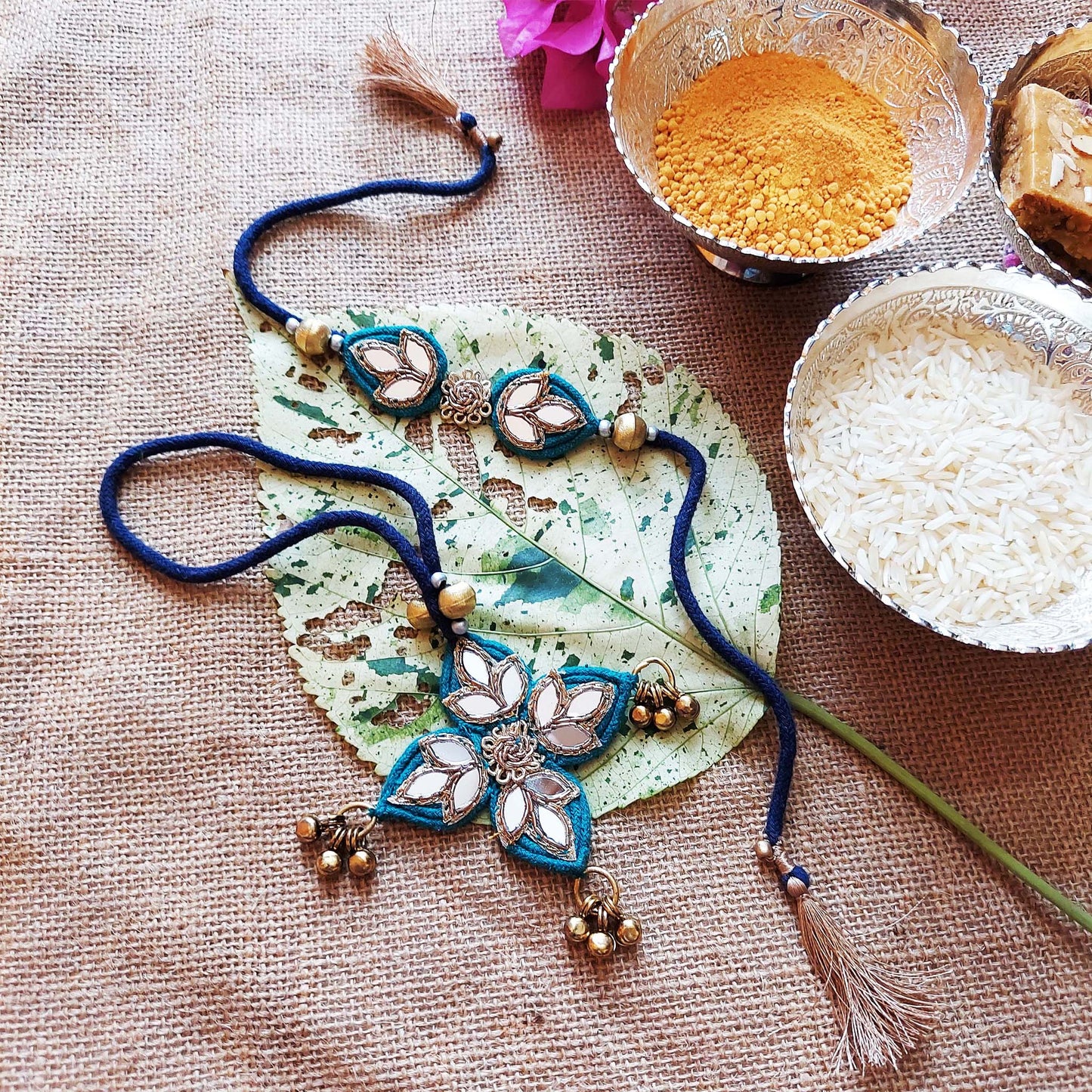 Teal and Indigo Sitara Rakhi Lumba set