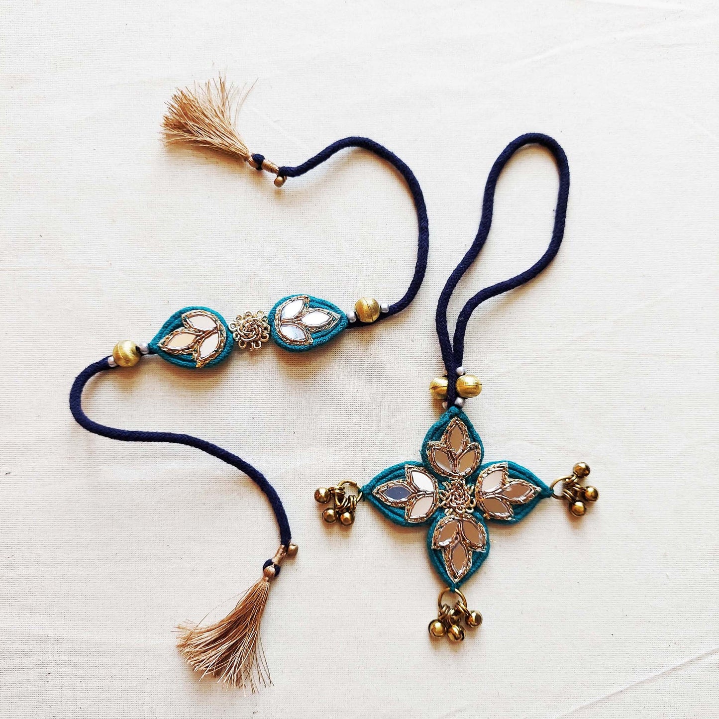 Teal and Indigo Sitara Rakhi Lumba set