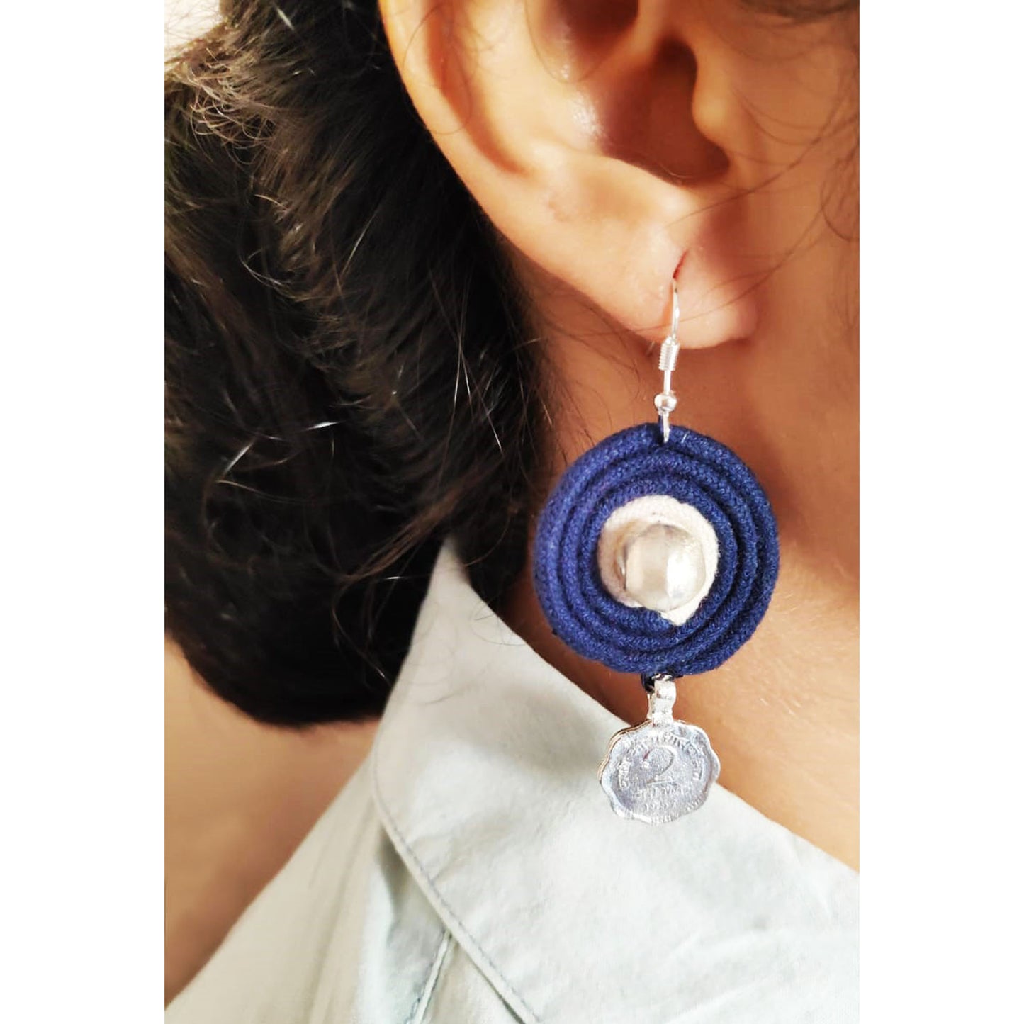 Blue Beaded Coin Earrings