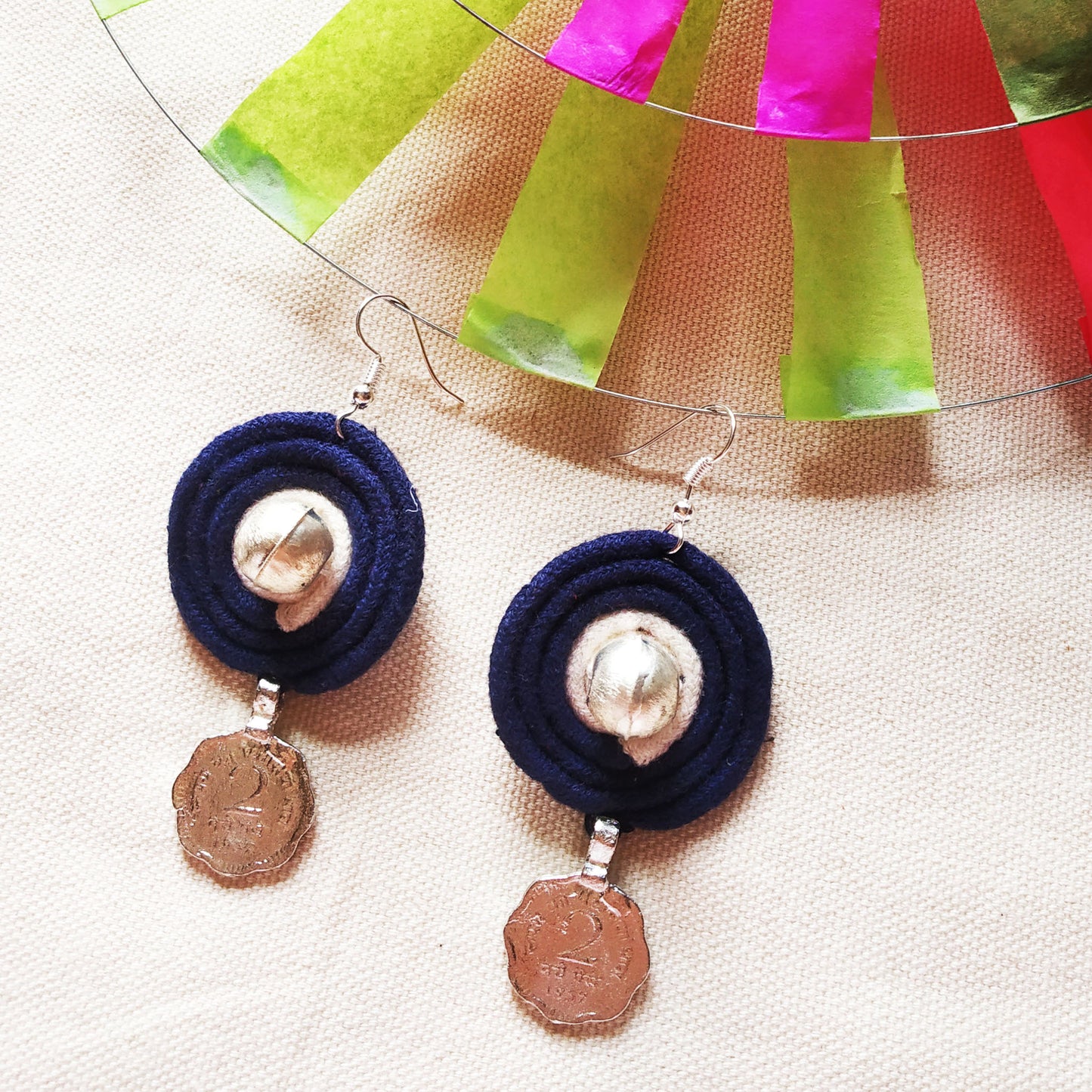 Blue Beaded Coin Earrings